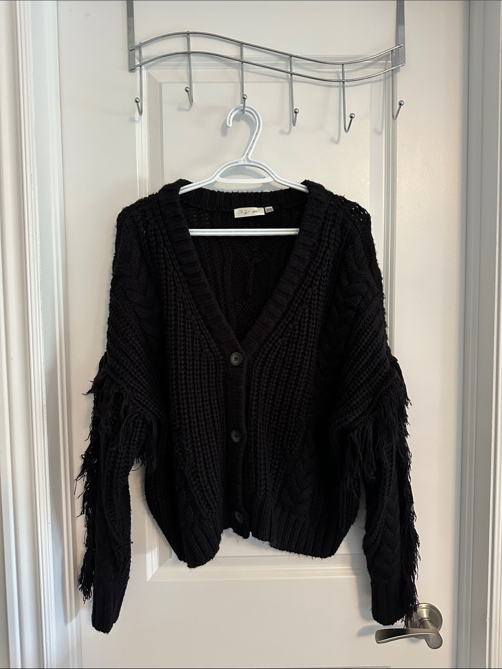 RD Style Black Cable-Knit Fringe Button-Up Cardigan